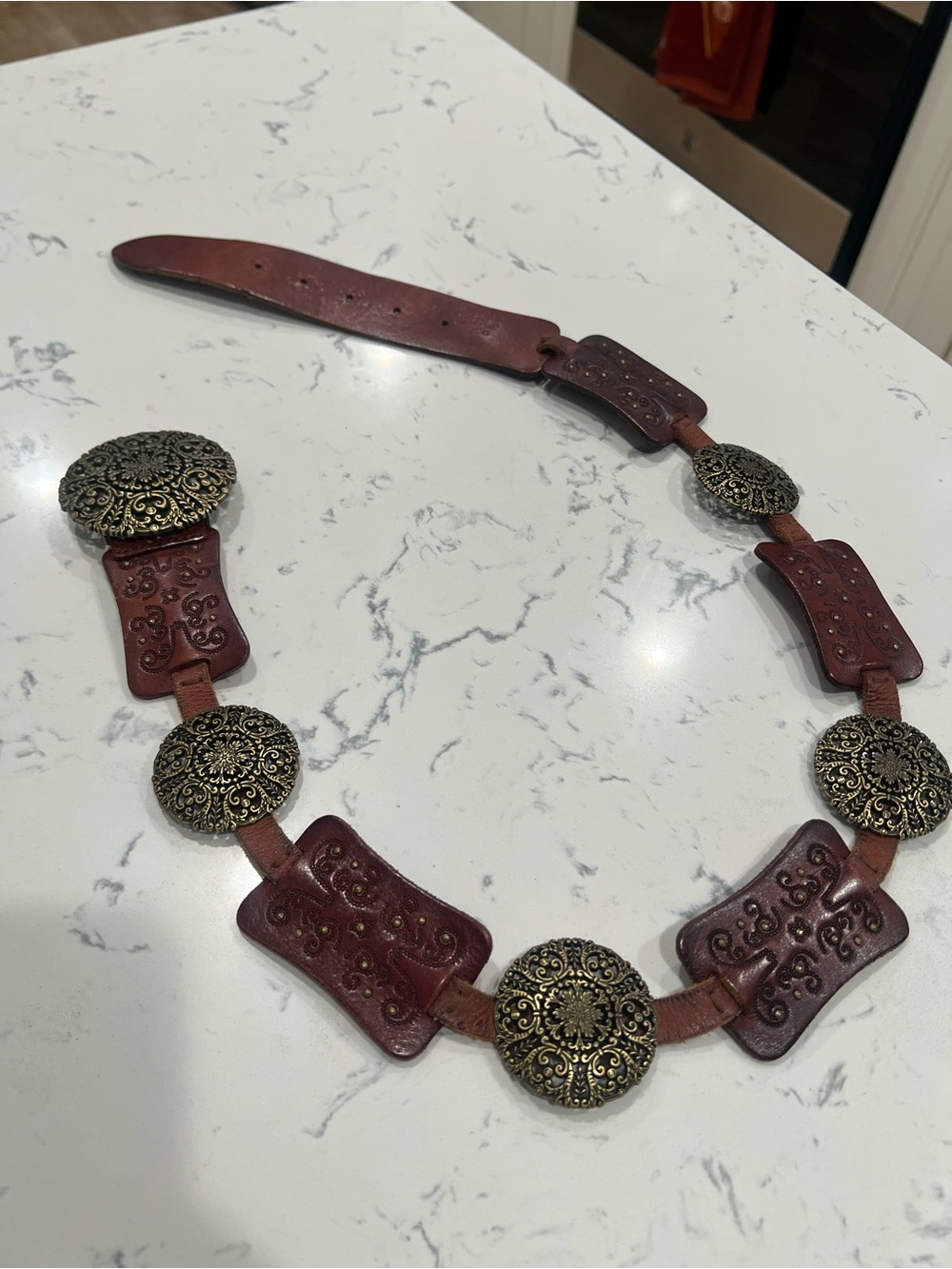 Women's Dark Brown Leather Belt with Decorative Antique-Gold Medallions